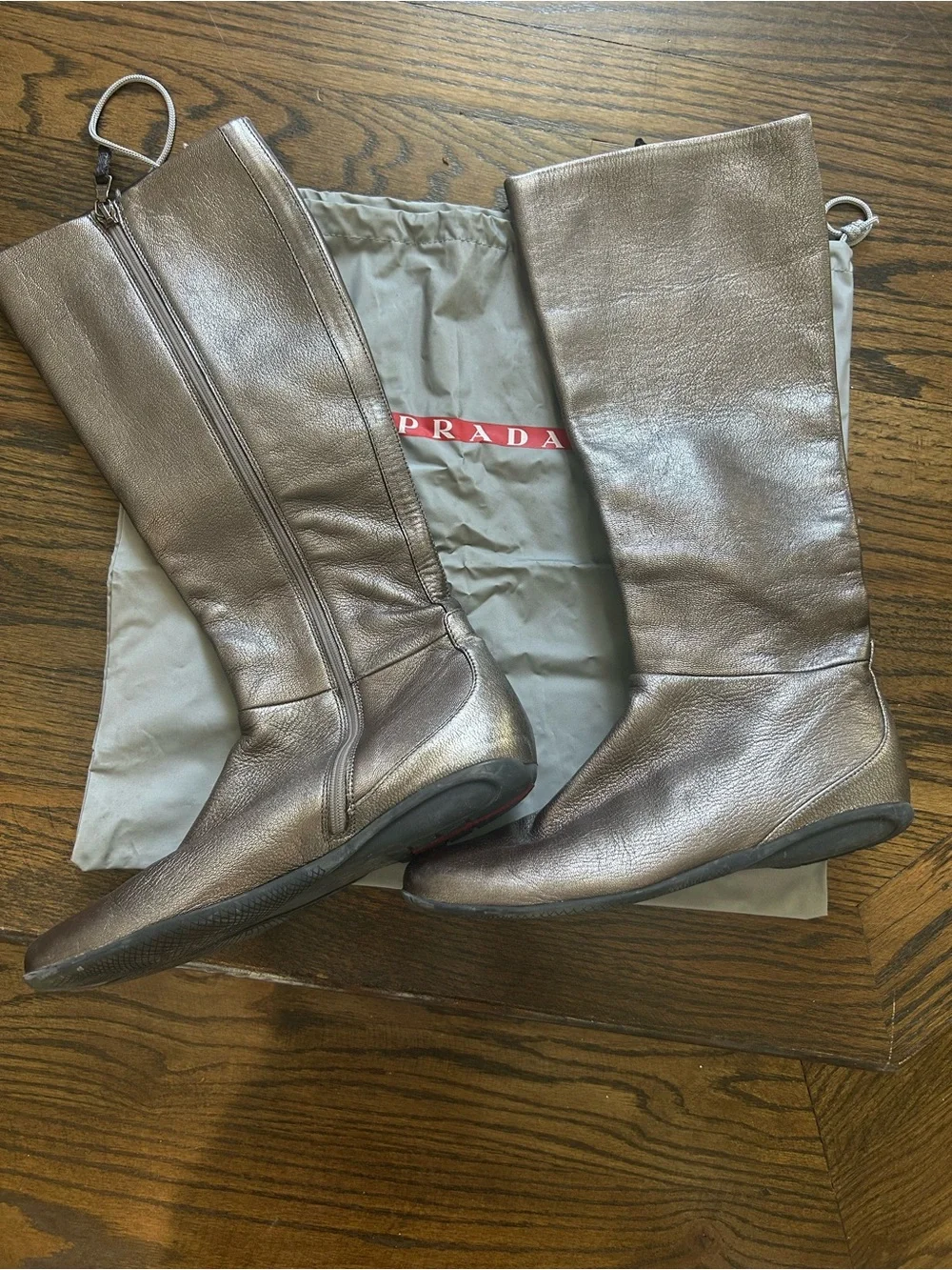 Prada Metallic Taupe Over-the-Knee Leather Boots